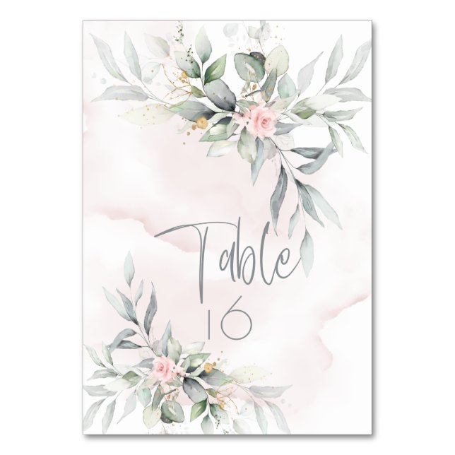 Wedding |  Rustic Pink Floral Pale Sage Greenery Table Number (Back)