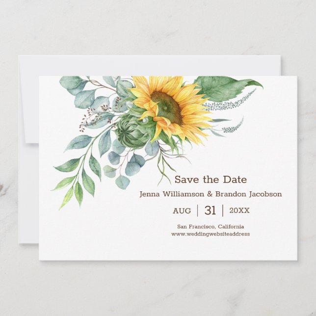 Wedding Rustic Sunflower Save the Date Green (Front)