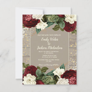 Wedding Rustic Vintage Burgundy Ivory Floral Invitation