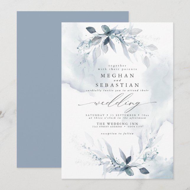 Wedding Rustic Watercolor Dusty Blue Foliage Invitation (Front/Back)