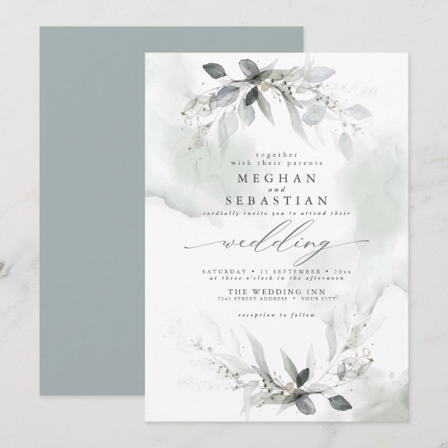 Wedding Rustic Watercolor Greenery Dusty Green  Invitation (Front/Back)
