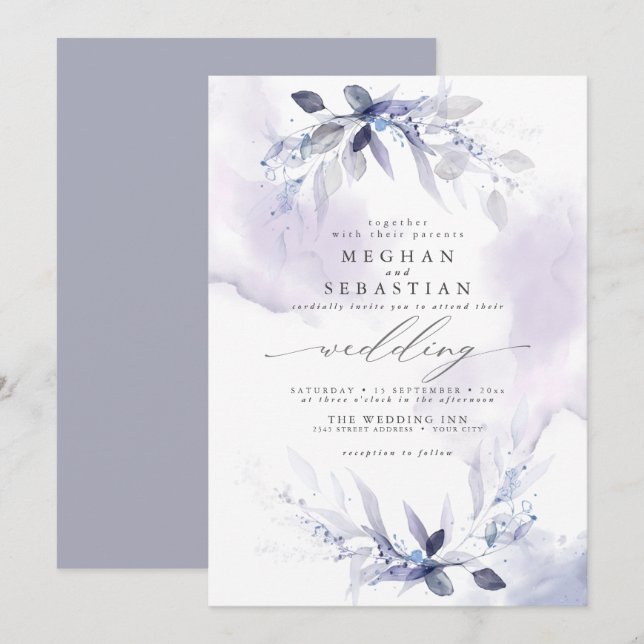 Wedding Rustic Watercolor Greenery Violet Invitation (Front/Back)