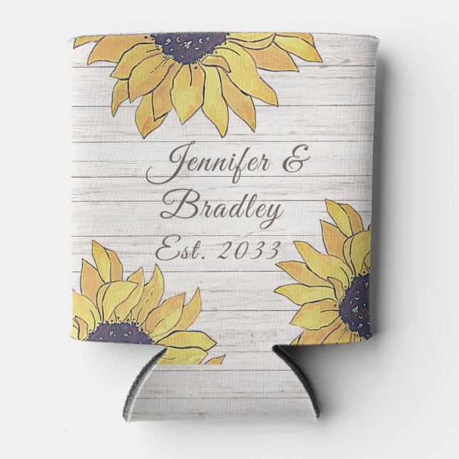 Wedding Rustic White Wood Chic Yellow Sunflower Can Cooler (Front)