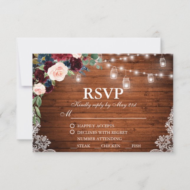 Wedding Rustic Wood Burgundy Blue Floral RSVP Meal (Front)