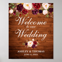 Wedding Rustic Wood Burgundy Floral Welcome