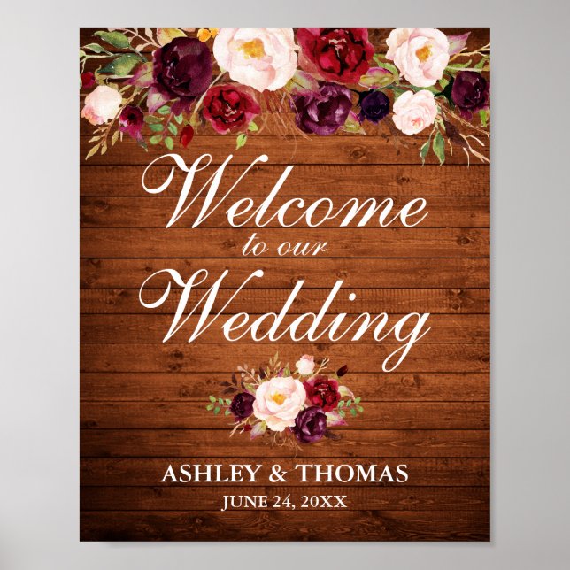 Wedding Rustic Wood Burgundy Floral Welcome Poster (Front)