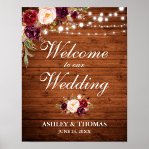 Wedding Rustic Wood Lights Burgundy Floral Poster
