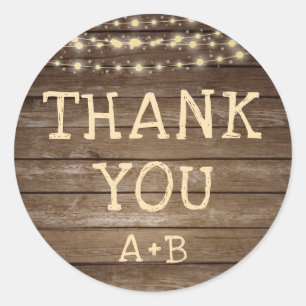 Wedding Rustic Wood Lights Initials THANK YOU Classic Round Sticker