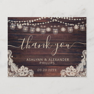 Wedding Rustic Wood Lights Jars Lace Thank You Postcard