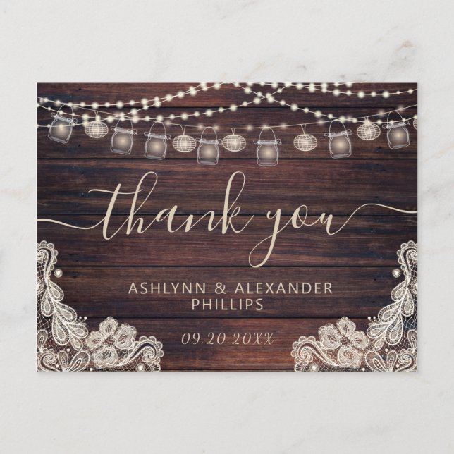 Wedding Rustic Wood Lights Jars Lace Thank You Postcard (Front)