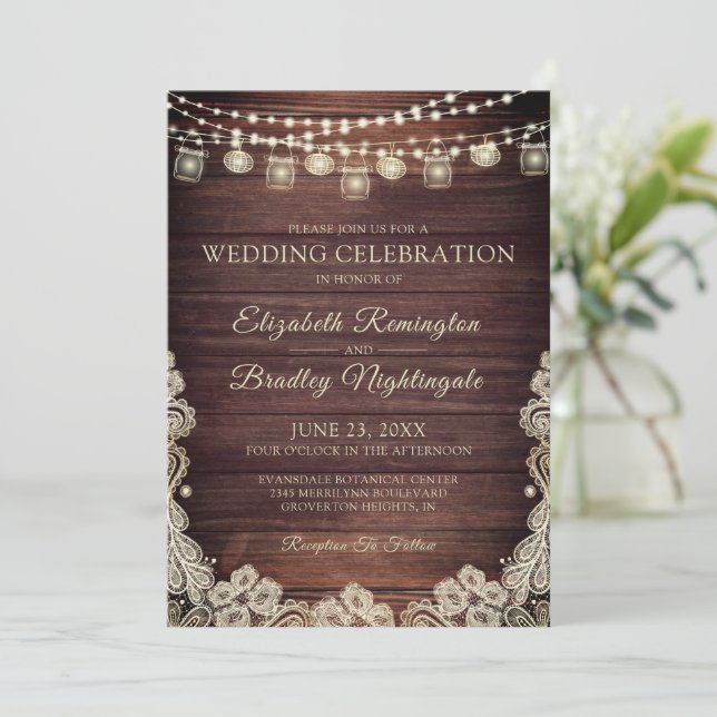 Wedding Rustic Wood Lights Mason Jars Lace Invitation (Standing Front)