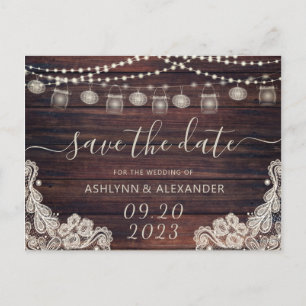 Wedding Rustic Wood Mason Jar Lights SAVE THE DATE Announcement Postcard