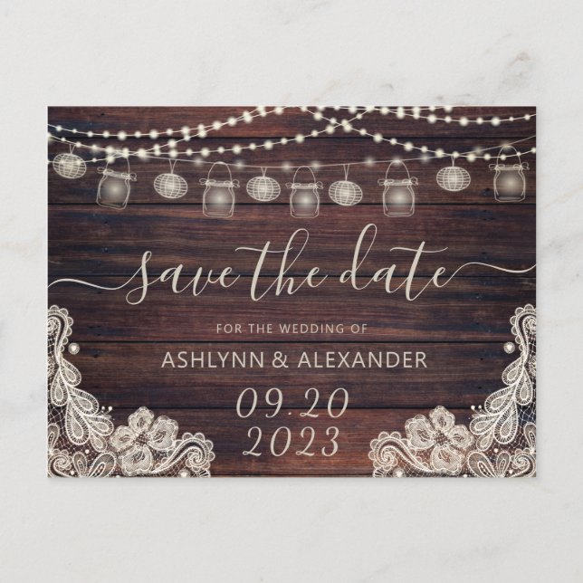Wedding Rustic Wood Mason Jar Lights SAVE THE DATE Announcement Postcard (Front)