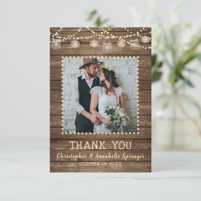 Wedding Rustic Wood Mason Jar Lights Thank You Card (Standing Front)