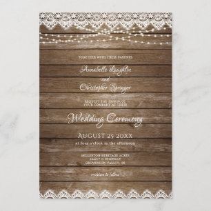 Wedding Rustic Wood White Lace String Lights Invitation