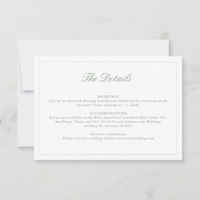 Wedding Sage Green Crest Monogram Details Card (Front)