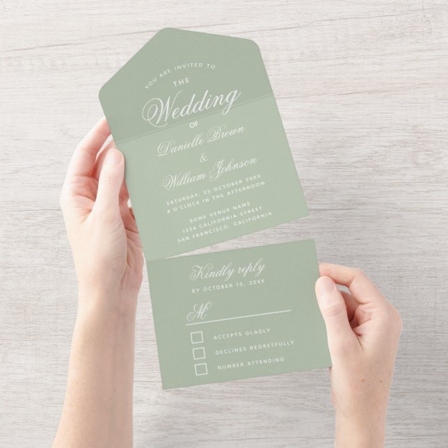 Wedding Sage Green Elegant Script Calligraphy RSVP All In One Invitation (Tearaway)