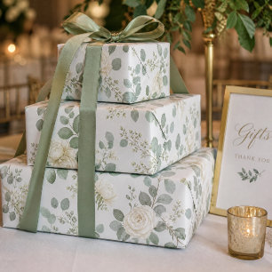 Wedding Sage Green Eucalyptus White Rose Wrapping Paper Sheet