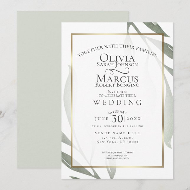 Wedding | Sage Green Olive Branch Watercolor Leaf Invitation (Front/Back)