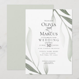 Wedding Sage Green Olive Branch Watercolor Leaf Invitation