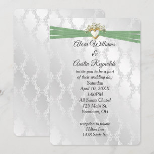 Wedding Sage Green Ribbon In Heart On Satin Invitation