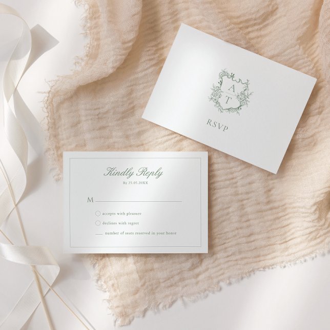 Wedding Sage Green Script Crest Monogram RSVP Card (Creator Uploaded)