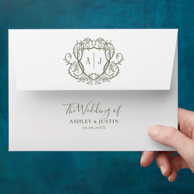 Wedding Sage Vintage Crest Invitation Custom Envelope (Hand)