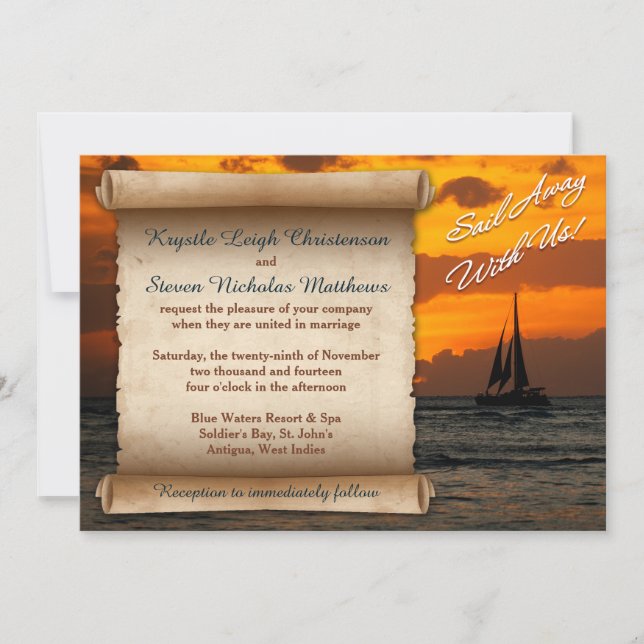 Wedding | Sail Away With Us! | Sailboat | Sunset Invitation (Front)