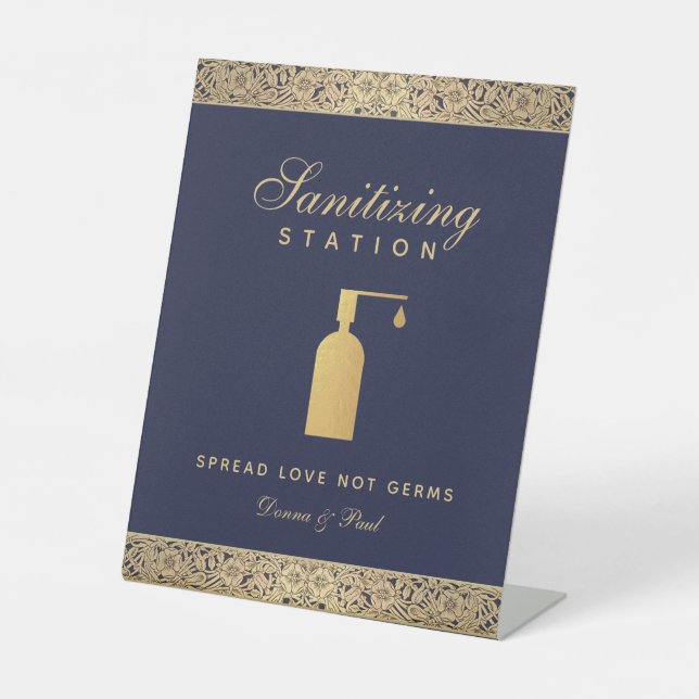 Wedding Sanitising Station Navy Blue Gold Roses  P Pedestal Sign (Front)