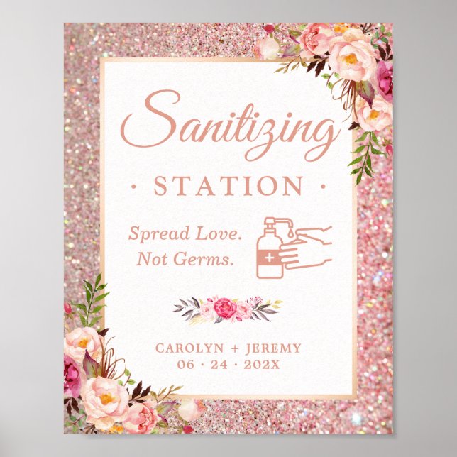 Wedding Sanitizing Station Sign Rose Gold Floral (Front)