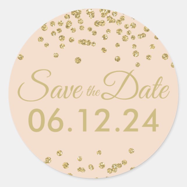 Wedding Save Date Gold Glitter Confetti Blush Rose Classic Round Sticker (Front)