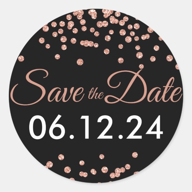 Wedding Save Date Rose Gold Glitter Confetti Black Classic Round Sticker (Front)