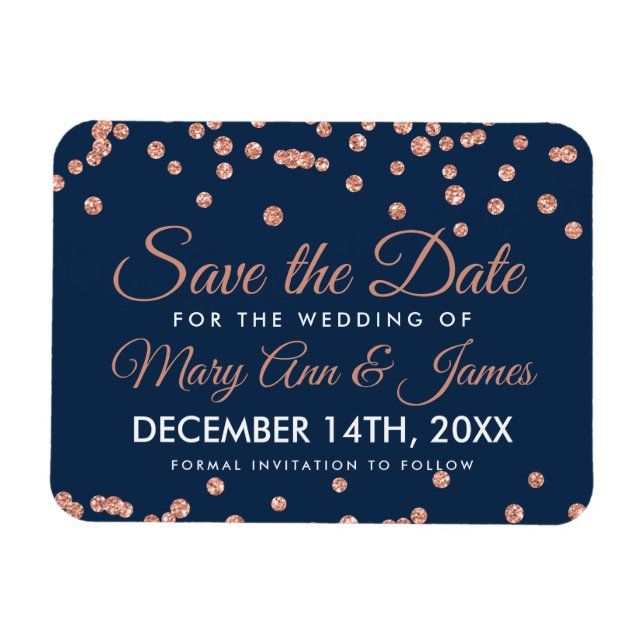 Wedding Save Date Rose Gold Glitter Confetti Navy Magnet (Horizontal)