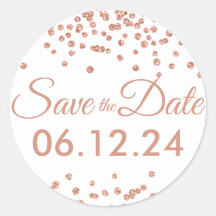 Wedding Save Date Rose Gold Glitter Confetti White Classic Round Sticker