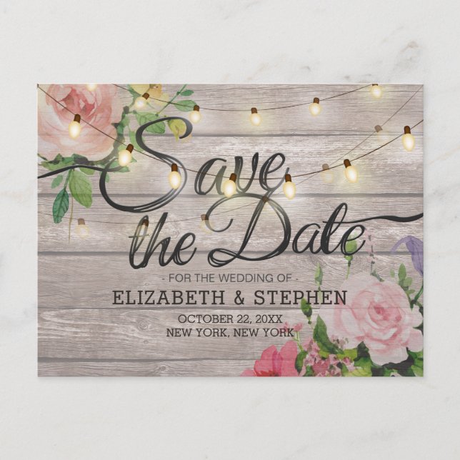 Wedding Save Date Rustic Wood Floral String Lights Announcement Postcard (Front)