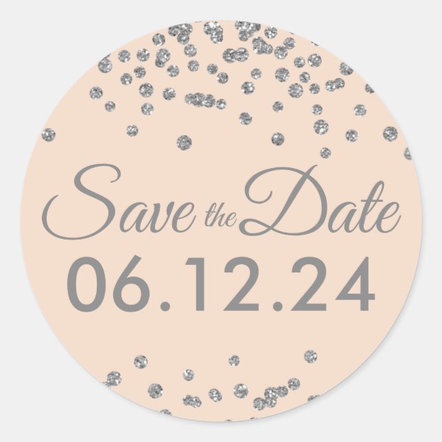 Wedding Save Date Silver Glitter Confetti Blush Classic Round Sticker (Front)