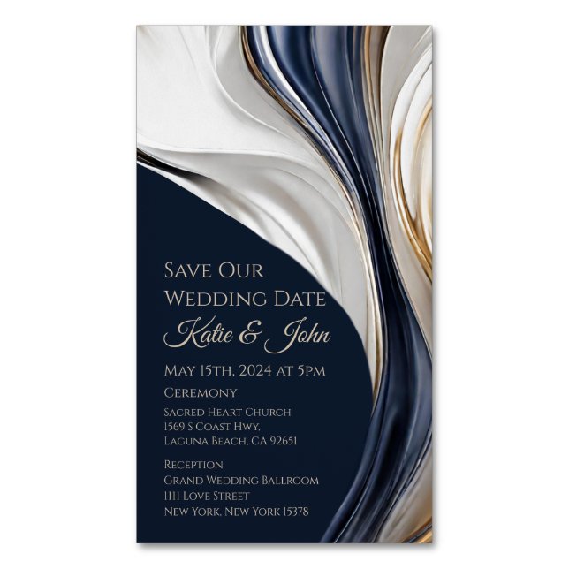 Wedding Save our Date- Modern Blue White and Gold- Magnetic Business Card (Front Vertical)