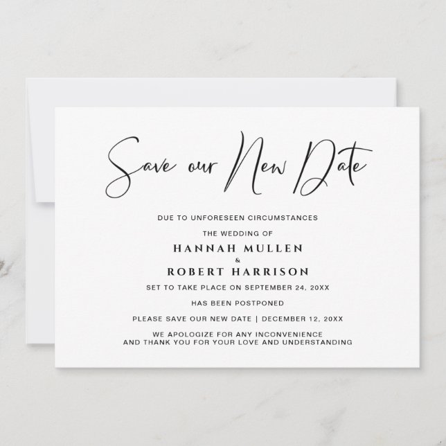 Wedding Save Our New Date Postponement Minimal Announcement (Front)