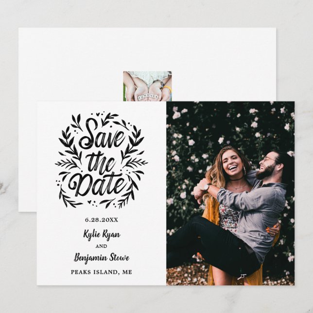 Wedding Save the Date 2 Photo Botanical Typography Invitation (Front/Back)