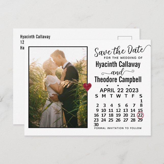 Wedding Save the Date April 2023 Calendar Photo Invitation Postcard (Front/Back)