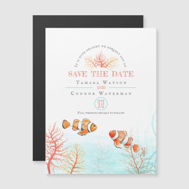 Wedding save the date aquatic coral tropical fish magnetic invitation (Front/Back)