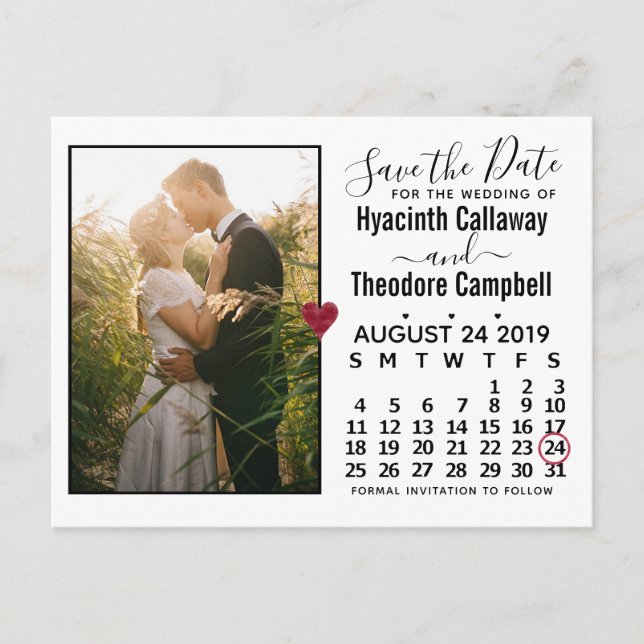 Wedding Save the Date August 2019 Calendar Photo Invitation Postcard (Front)