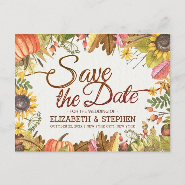 Wedding Save The Date Autumn Fall Leaves Pumpkin A Announcement Postcard (Front)