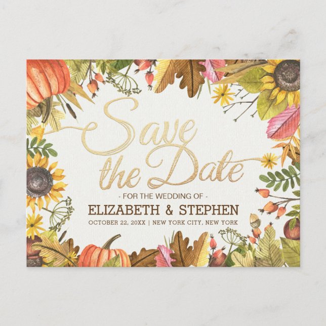 Wedding Save The Date Autumn Fall Leaves Pumpkin Announcement Postcard (Front)