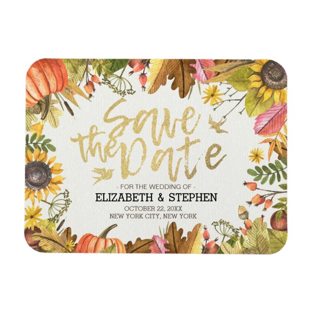 Wedding Save The Date Autumn Fall Leaves Pumpkin Magnet (Horizontal)