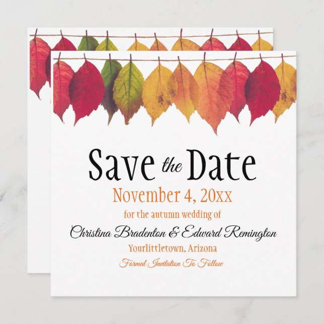 Wedding Save The Date Autumn Leaves On String Announcement (Front/Back)