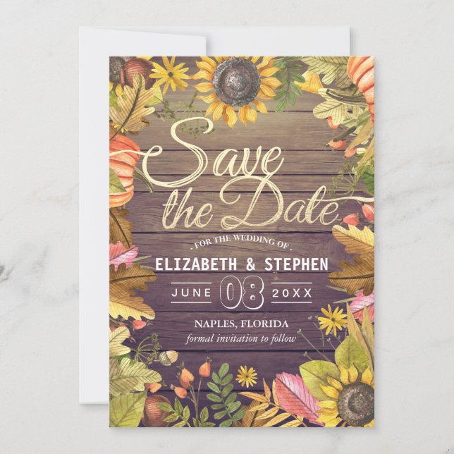 Wedding Save The Date Autumn Leaves Pumpkins Wood (Front)
