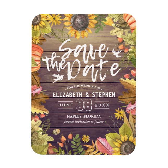 Wedding Save The Date Autumn Leaves Pumpkins Wood Magnet (Vertical)