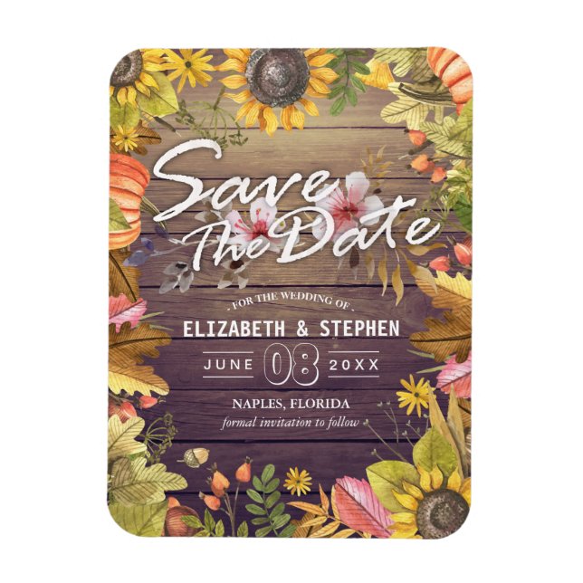 Wedding Save The Date Autumn Leaves Pumpkins Wood Magnet (Vertical)