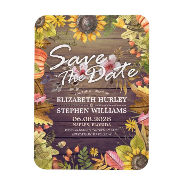 Wedding Save The Date Autumn Leaves Pumpkins Wood Magnet (Vertical)